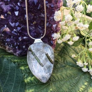Green Tourmaline in Quartz Teardrop Pendant  - Silver